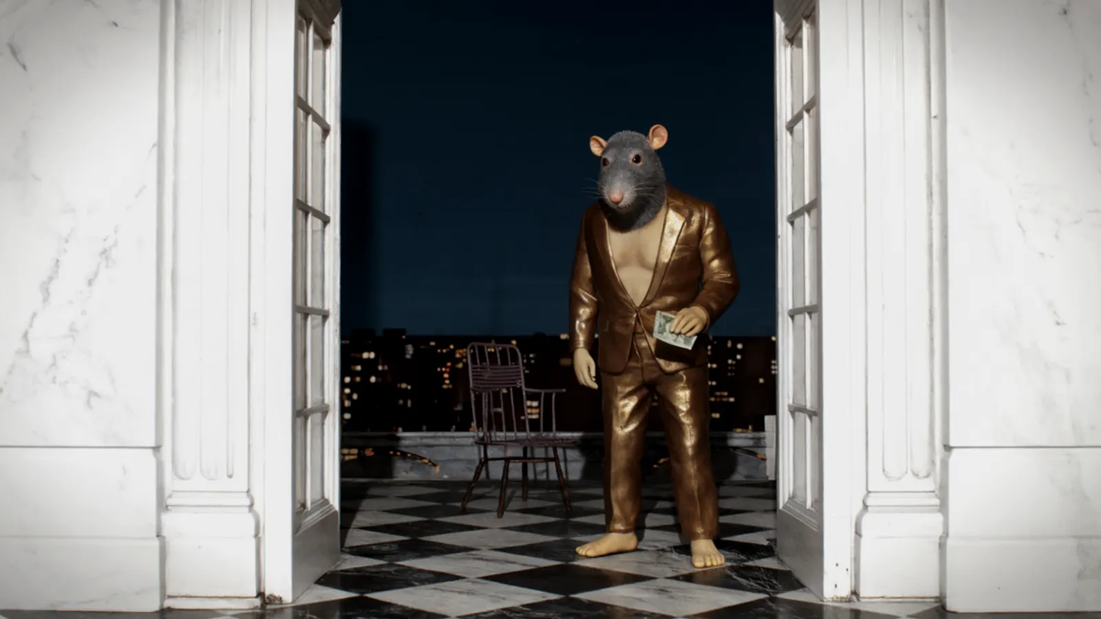 The same rat in the same suit, alone in an empty penthouse at night